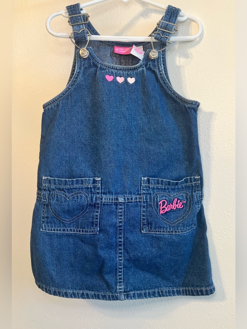 Vintage 90s Mattel Barbie Denim Overall Dress Jumper Hearts